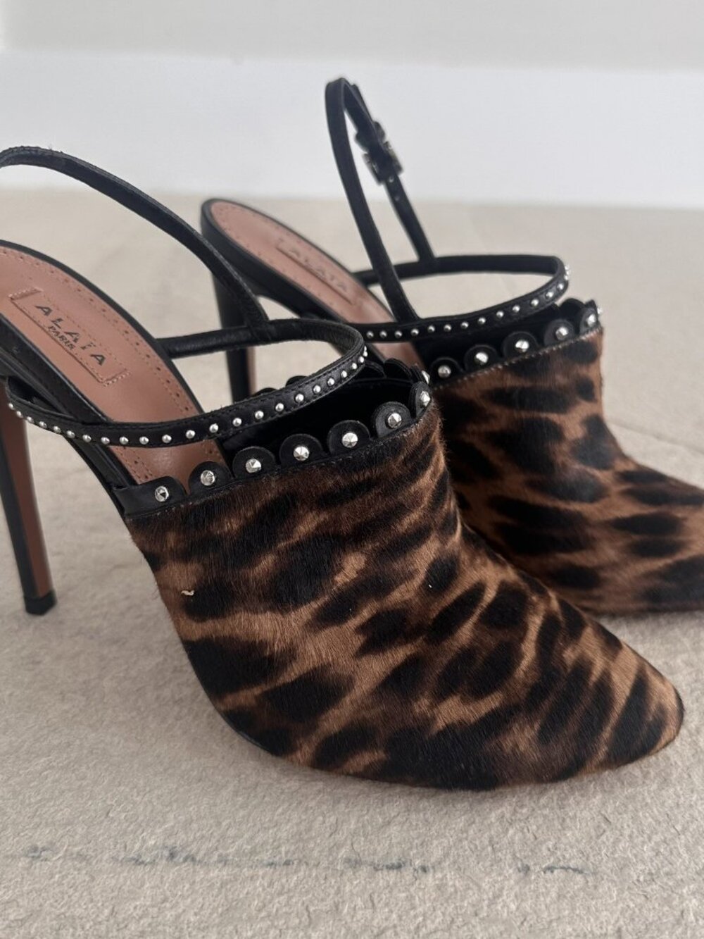 Alaia Leopard Calf Hair Studded Slingback Heels EU 40 US 10